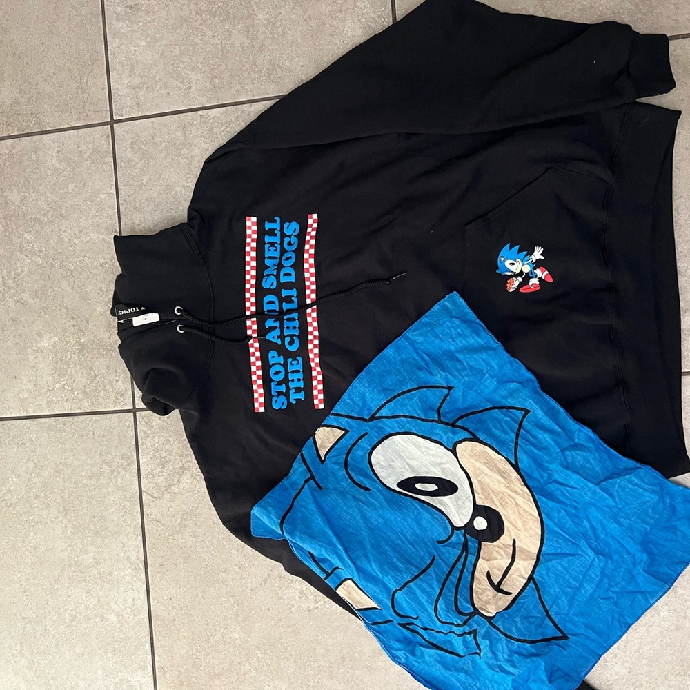 Hot Topic Black and Blue Sonic Hoodie with Sonic Face Bandana